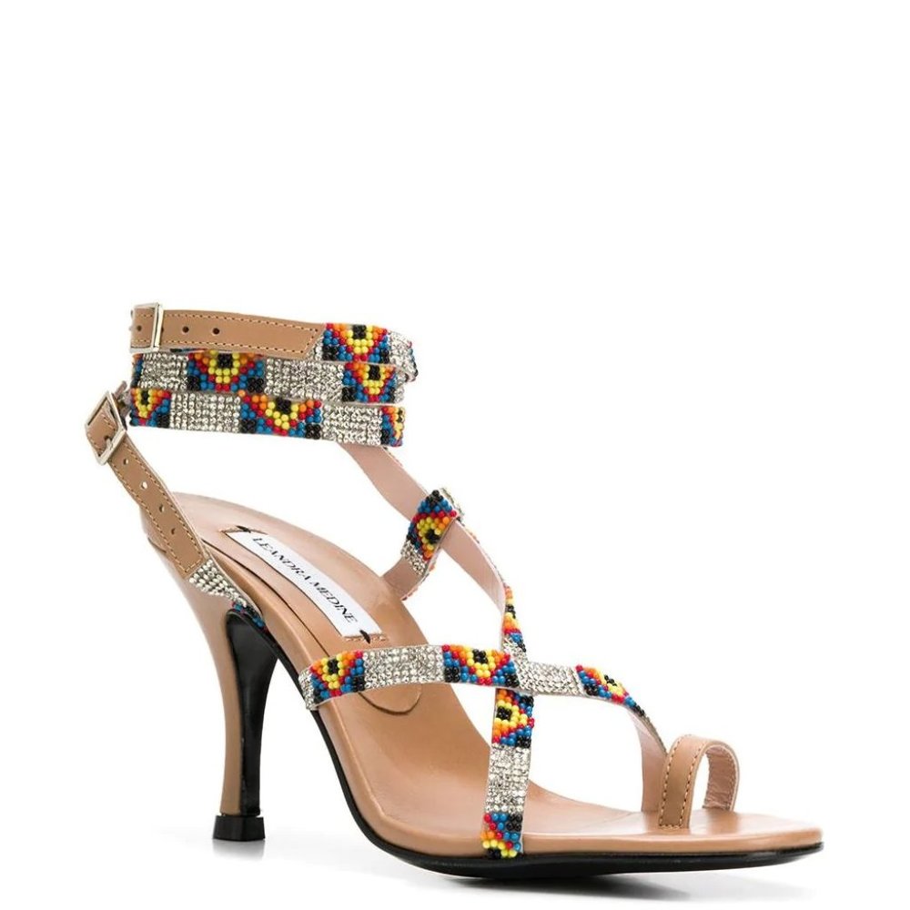 Leandra Medine Beige Leather Aztec Heels, New!